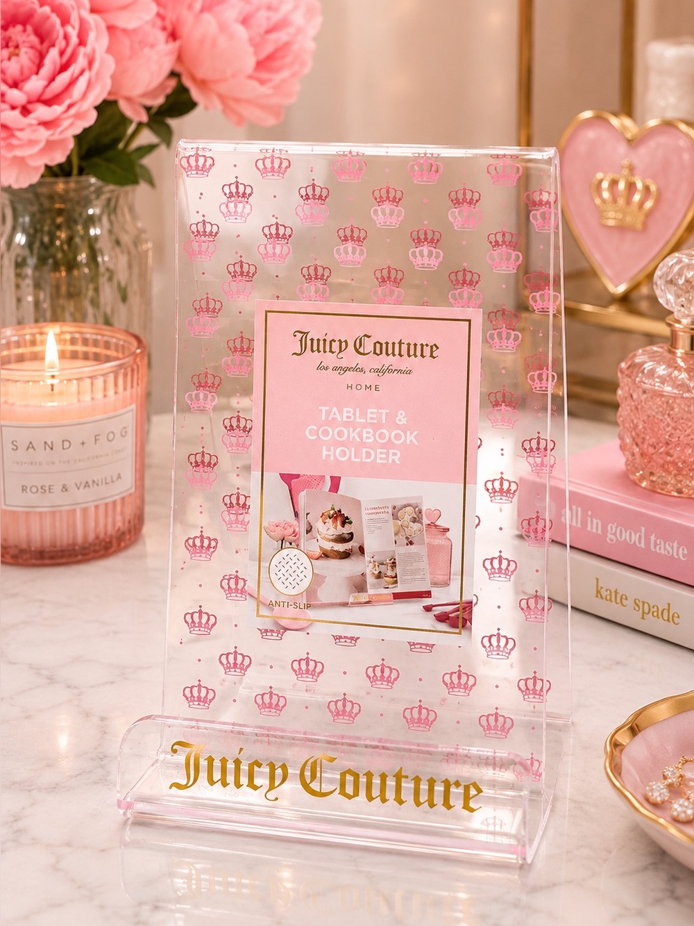 Juicy Couture Clear Acrylic Tablet & Cookbook Stand with Pink Crown Pattern